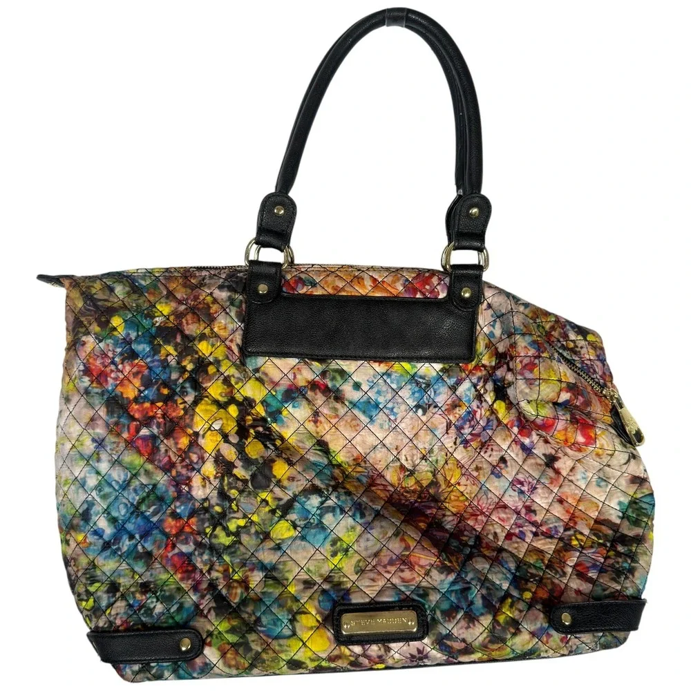 Steve Madden Quilted Multicolor Floral Print Nylon Shoulder Tote Handbag Large